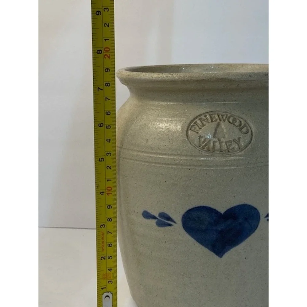 Pinewood Valley Stoneware Crock Blue Heart Salt Glaze Pottery Utensil Jar